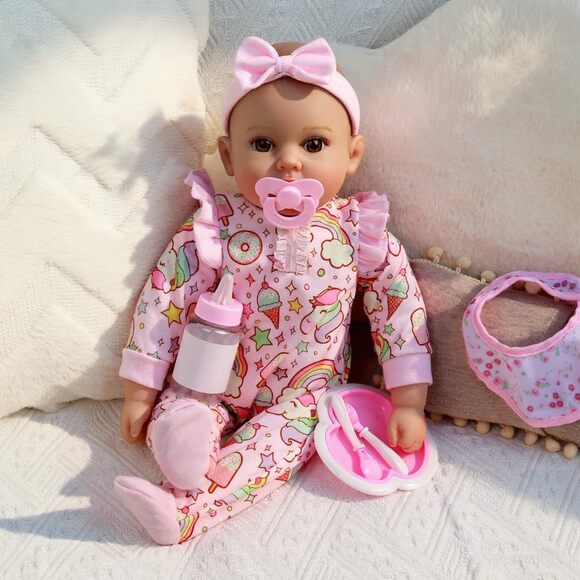 Realistic Reborn Baby Doll Girl 18 Inch Soft Body Brown Eyes Pink Outfit Gift - Picture 5 of 9